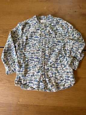 Mini Boden Boy’s Cream Lightweight Button-Up with Cars and Airplanes